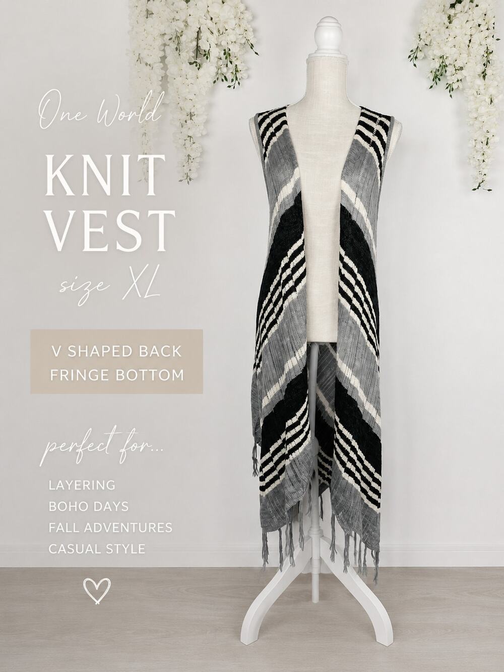 One World Knit Vest XL Gray Black Striped Fringe Open Front Boho Western Layered